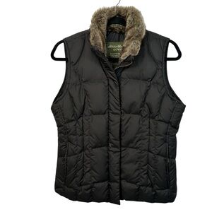 Eddie Bauer Goose Down Puffer Vest Faux Fur Trim Black Zip Size Small